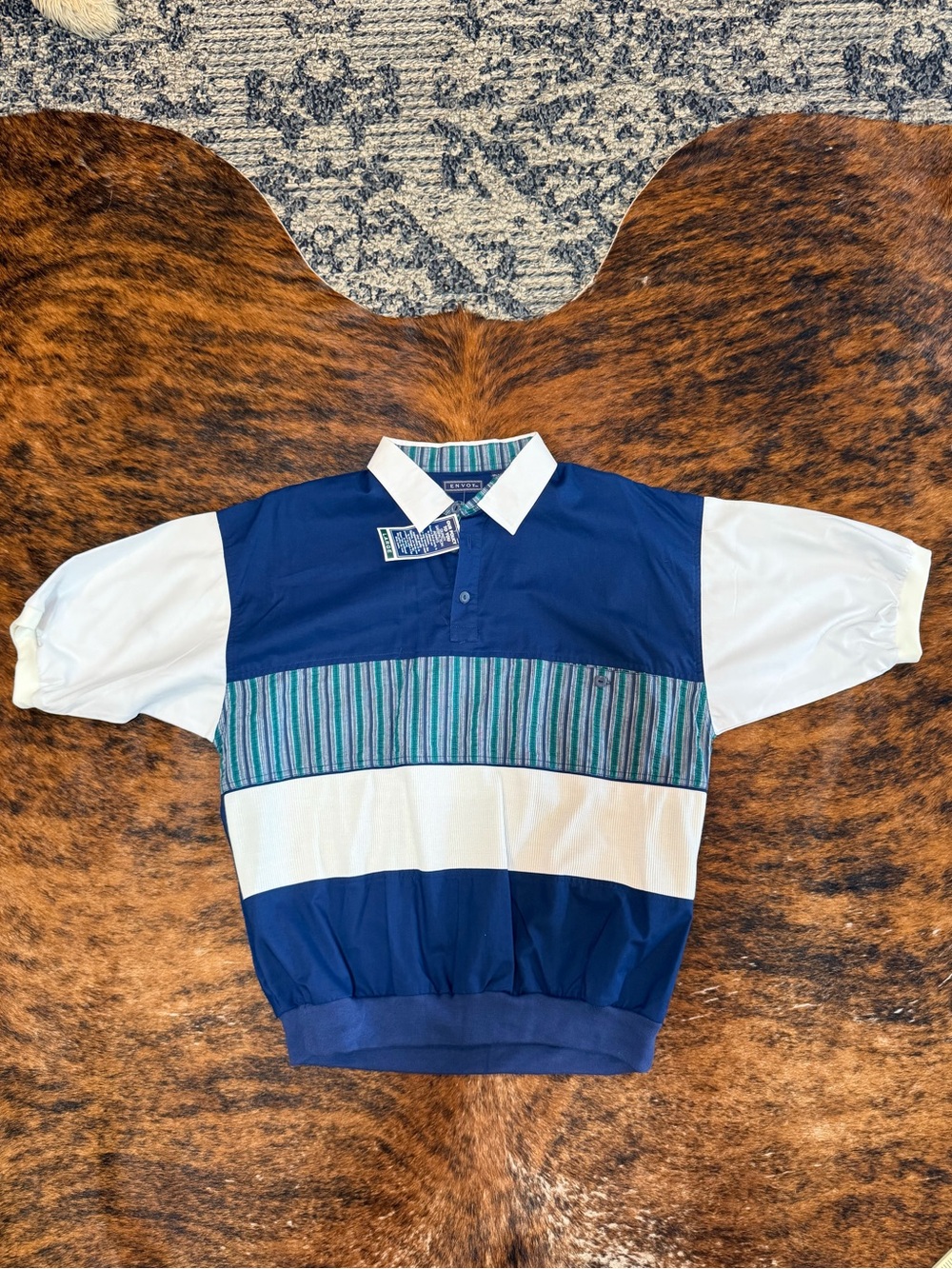 Vintage men’s golf polo shirt Envoy Short Sleeve Waistband Gray Blue White Sz L
